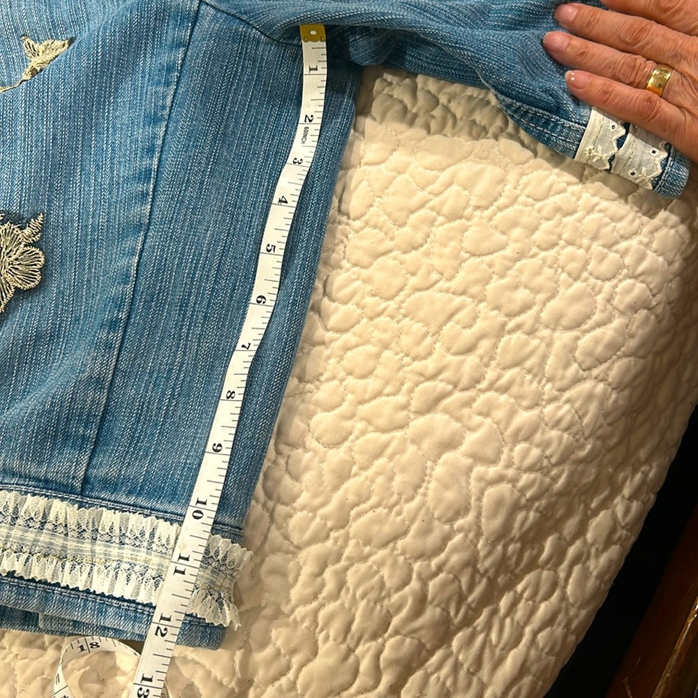 Embellished denim jacket, three-quarter inch sleeve short waisted